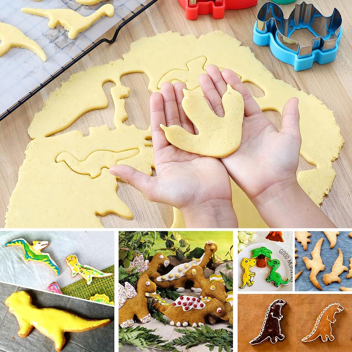 HASTHIP 8Pcs Dinosaur Cookie Cutters Set Stainless Steel Cookie Cutter Mold Fruit Slice Mold Cake Molds for DIY, Kitchen, Baking, Kids Dinosaur Theme Birthday Party Supplies Favors