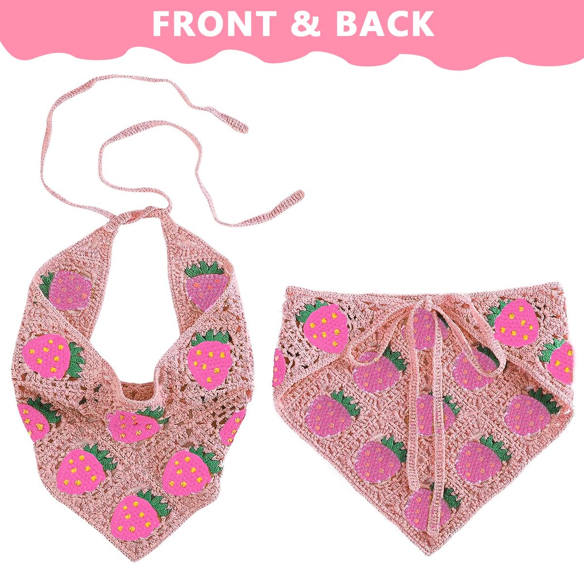 PALAY 2 Pack Triangle Bandanas for Women, Strawberry Crochet Head Kerchief Hair Scarf for Girls, Fashion Headwear Headband Wrap, Sweet Korean Headscarf with Ties