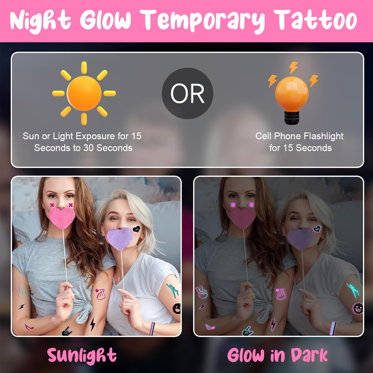 MAYCREATE 10 Sheets Temporary Tattoo Sticker for Men and Women Glow In The Dark Tattoos Waterproof Easy to Use Neon Temporary Tattoo Makeup Supplies Tattoos Sticker for Festival, Party, Club