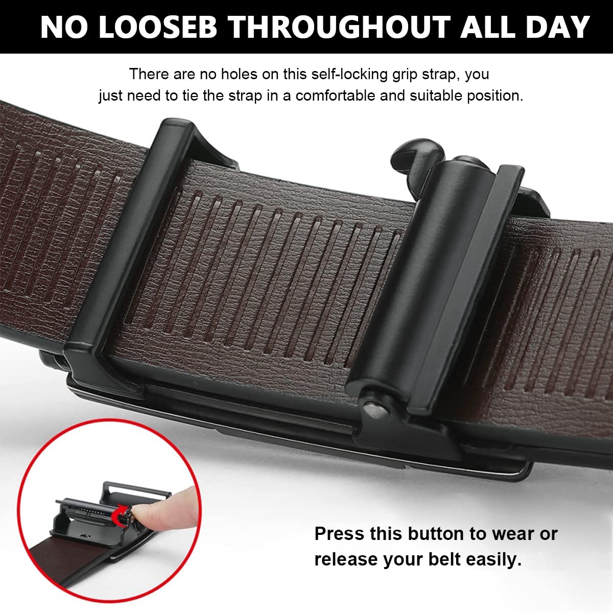 GUSTAVE Men's Leather Belt Adjustable Auto Lock Buckle Belt for Men (Black-F)