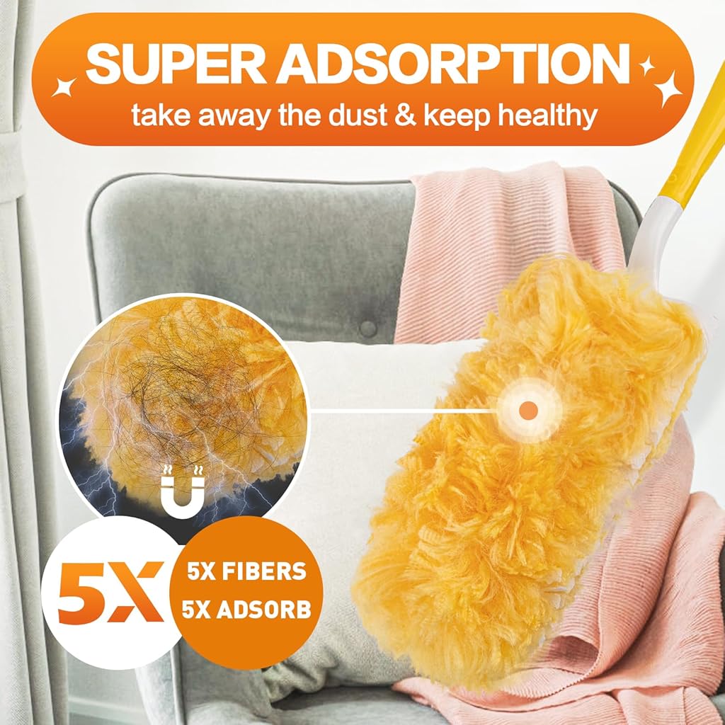 HASTHIP® Double-Sided Microfiber Duster with 20 Washable Refills, 2-in-1 Bendable Flexible & Short Handle, Reusable Dusting Tool with Anti Scratch Bendable Head for Home, Car, Office