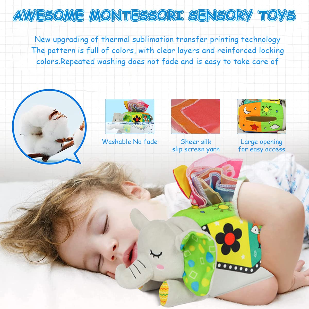 ELEPHANTBOAT Sensory Montessori Tissue Box Toys for Kids,Soft Toys for Toddler,Infants Cartoon Elephant Stuffed Toy for 1 to 4 Years