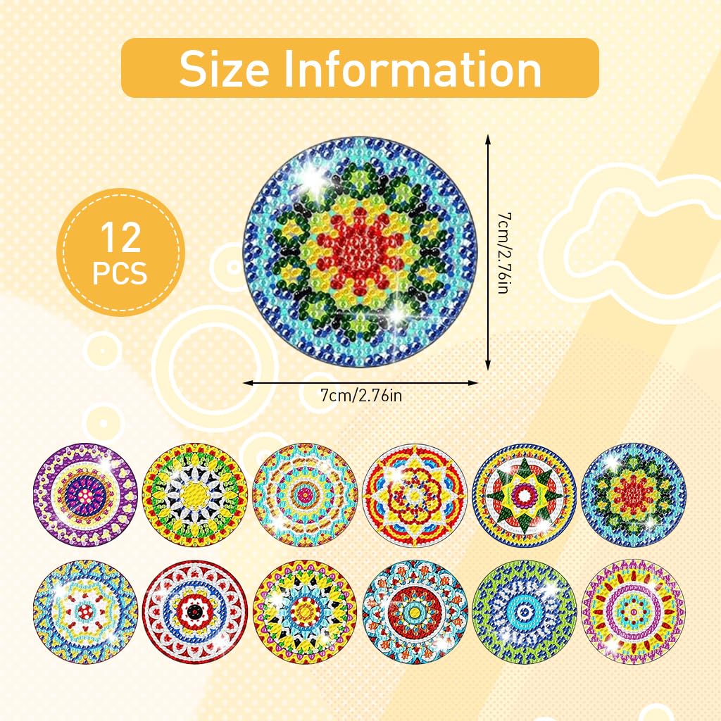 HASTHIP DIY Diamond Painting Art Kit Set of 12 Sparkling Mandala Style Color Diamond Fridge Magnets Home Decor Stylish DIY Diamond Painting Fridge Magnets with Tools DIY Gift