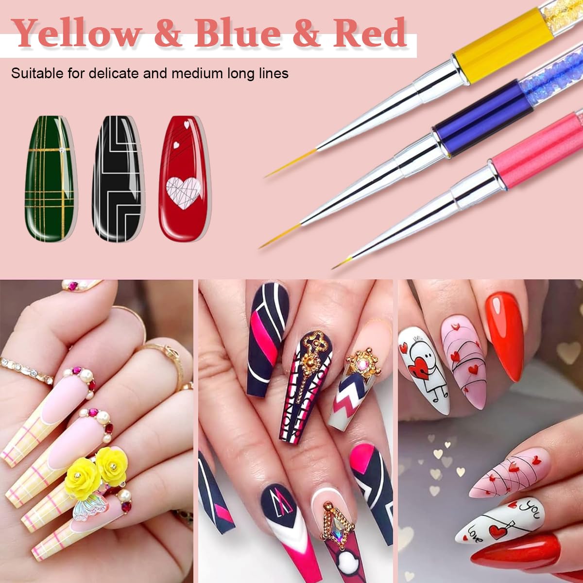 MAYCREATE 5 Pack Nail Art Brush Set, 3D Nail Liner Painting Brushes Pen DIY Dotting Drawing Manicure Tool with Rhinestone Handles, for Salon or Home Use, 7 9 11 14 19mm