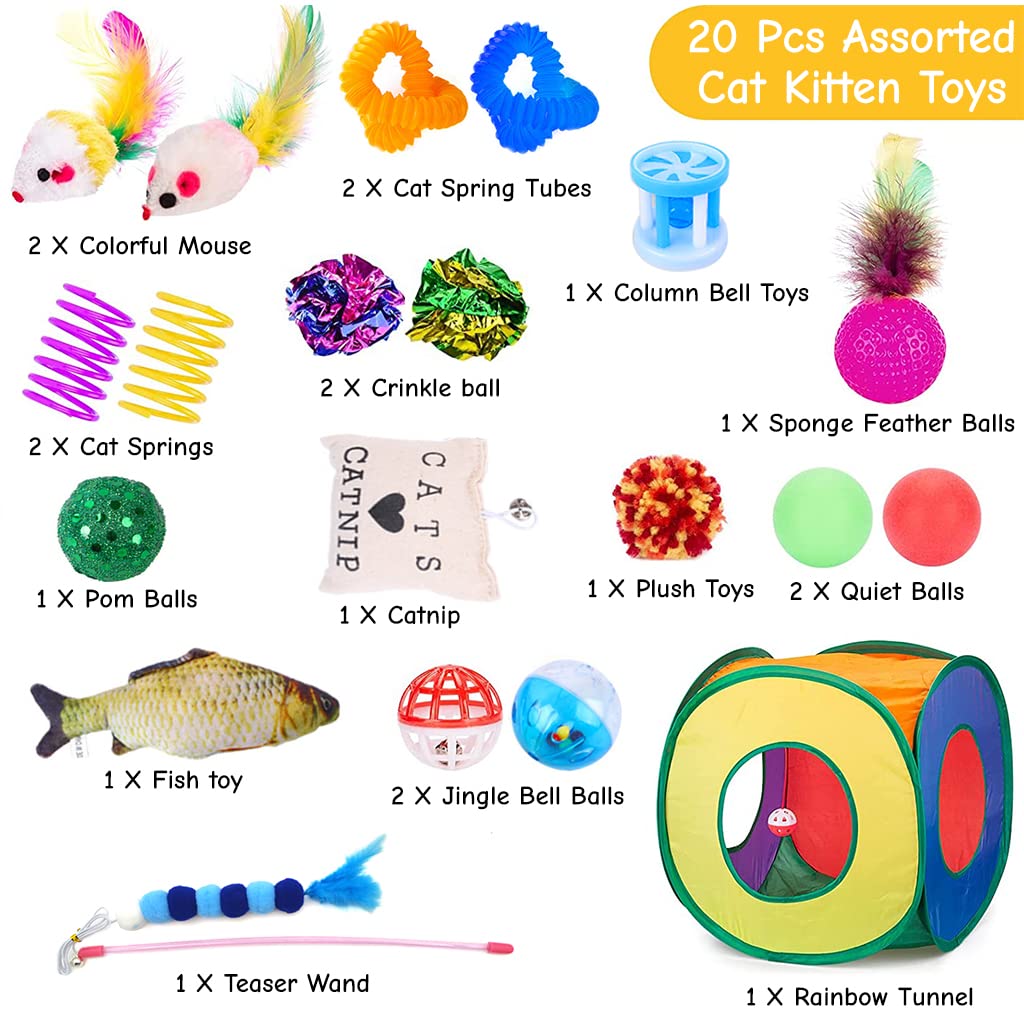 Qpets 20 PCS Toys for Cats Set, Collapsible Cat Tunnels for Indoor Cats, Family Set Cat Teaser Toy Cat Feather Toy Fluffy Mouse Crinkle Balls Cat Toys for Cat Puppy Kitty Rabbit