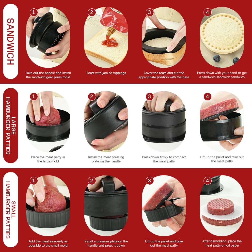 HASTHIP 4 in 1 Stuffed Burger Press Sandwich Maker Sealer Patty Maker Ring Mold Press Multi Size Burger Patties Press Stackable Kitchen DIY Burger Patty Shaper with 100 Pcs Non-Stick Patty Papers