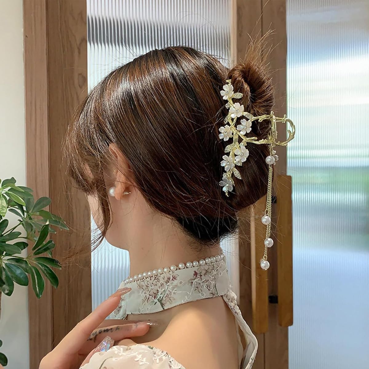 PALAY Big Hair Claw Clips for Women Jasmine Flower Claw Clip for Hair Stylish Tassel Rhinestone Updo Hair Clip French Large Metal Strong Hold Hair Jaw Clips