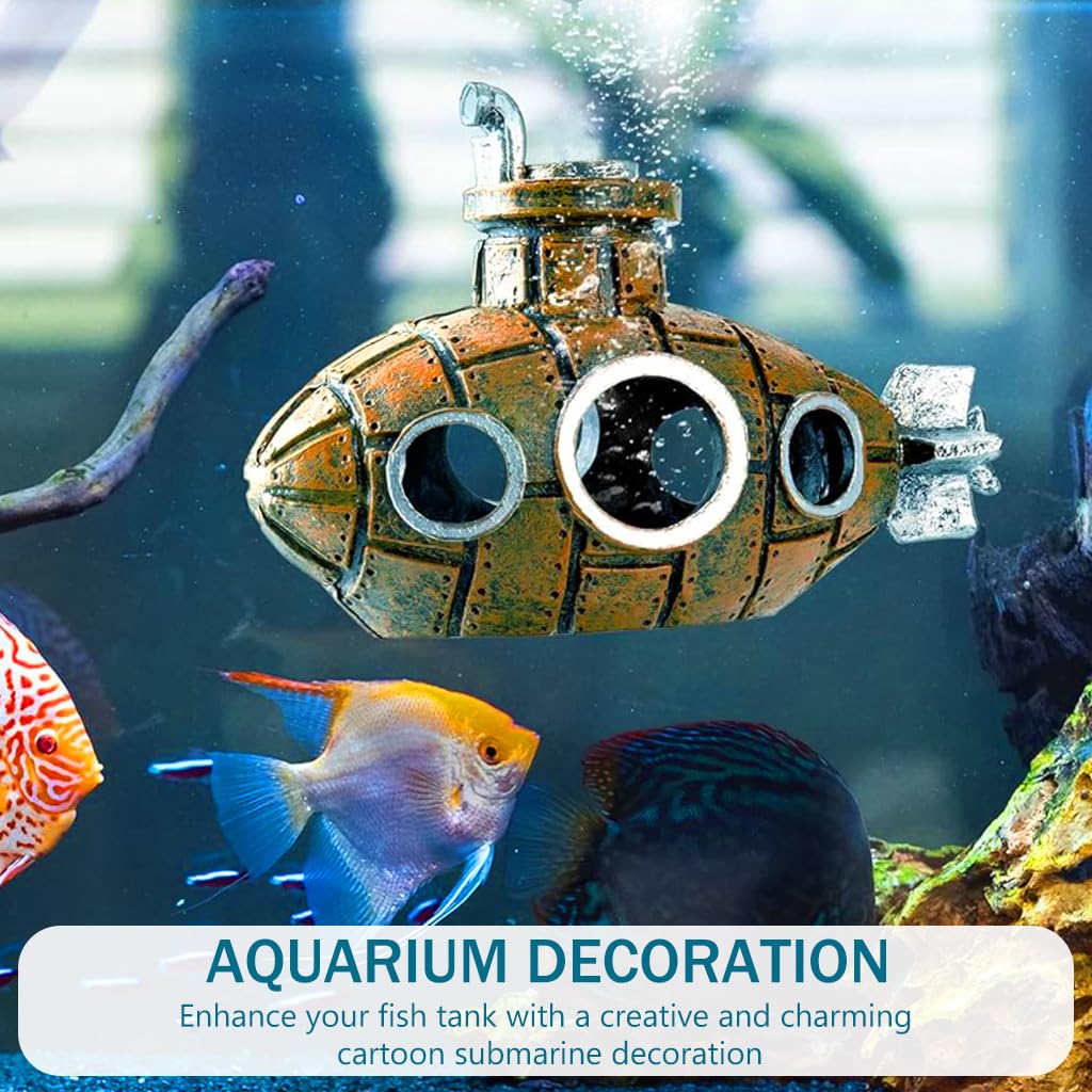 Qpets Aquarium Decoration, Floating Cartoon Submarine Model Fish Tank Decoration, Resin Hollow Out Submarine Ornament Fish Hideout Cave Desktop Decoration Best for Study / Office / Living Room