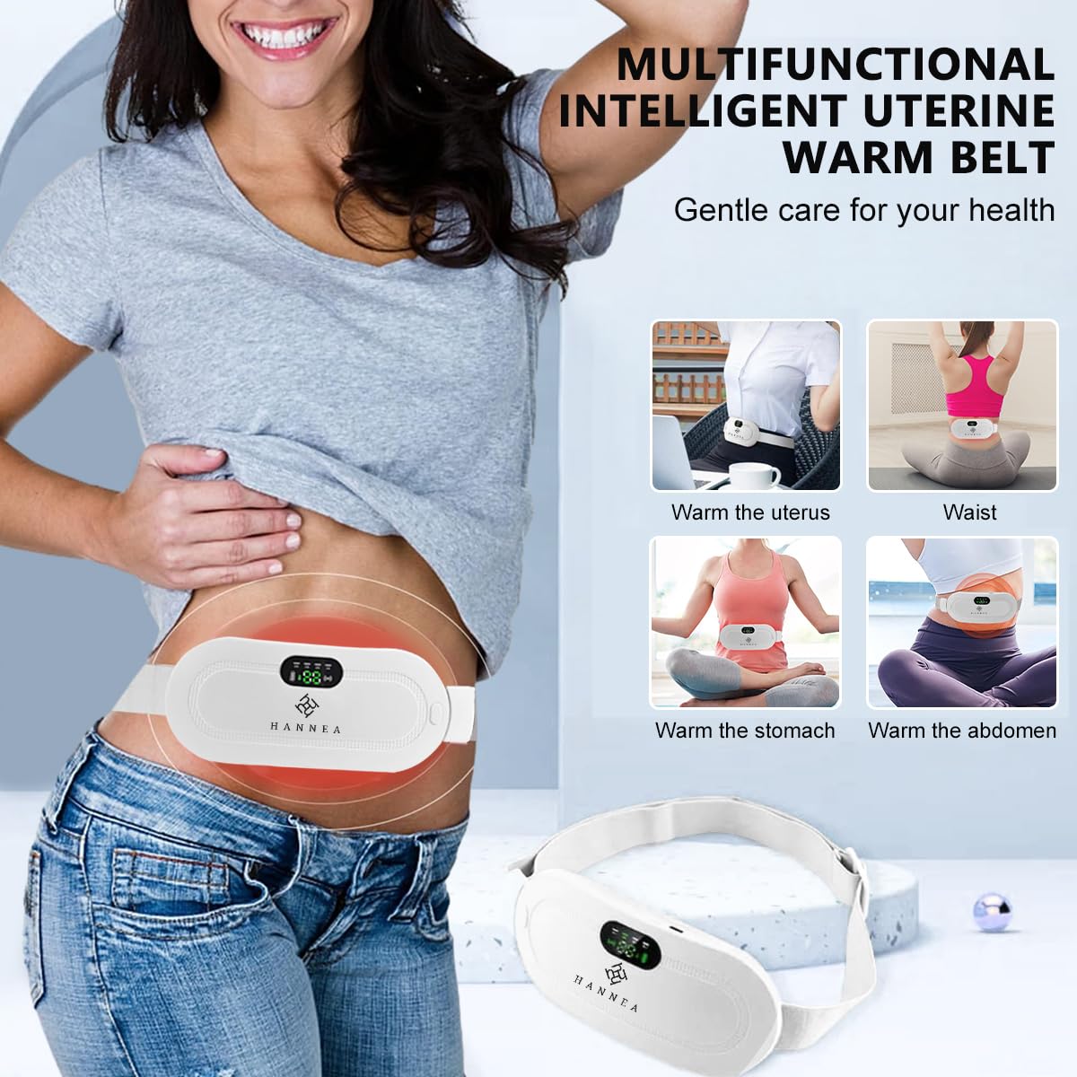 HANNEA Electric Cordless Heating Pad For Period Pain|Cramp Relief, Back Pain In Period|Belly Warmer Heating Pad With 3 Heat Levels 4 Vibration Modes|Caring Gift Heating Pad Belt For Women