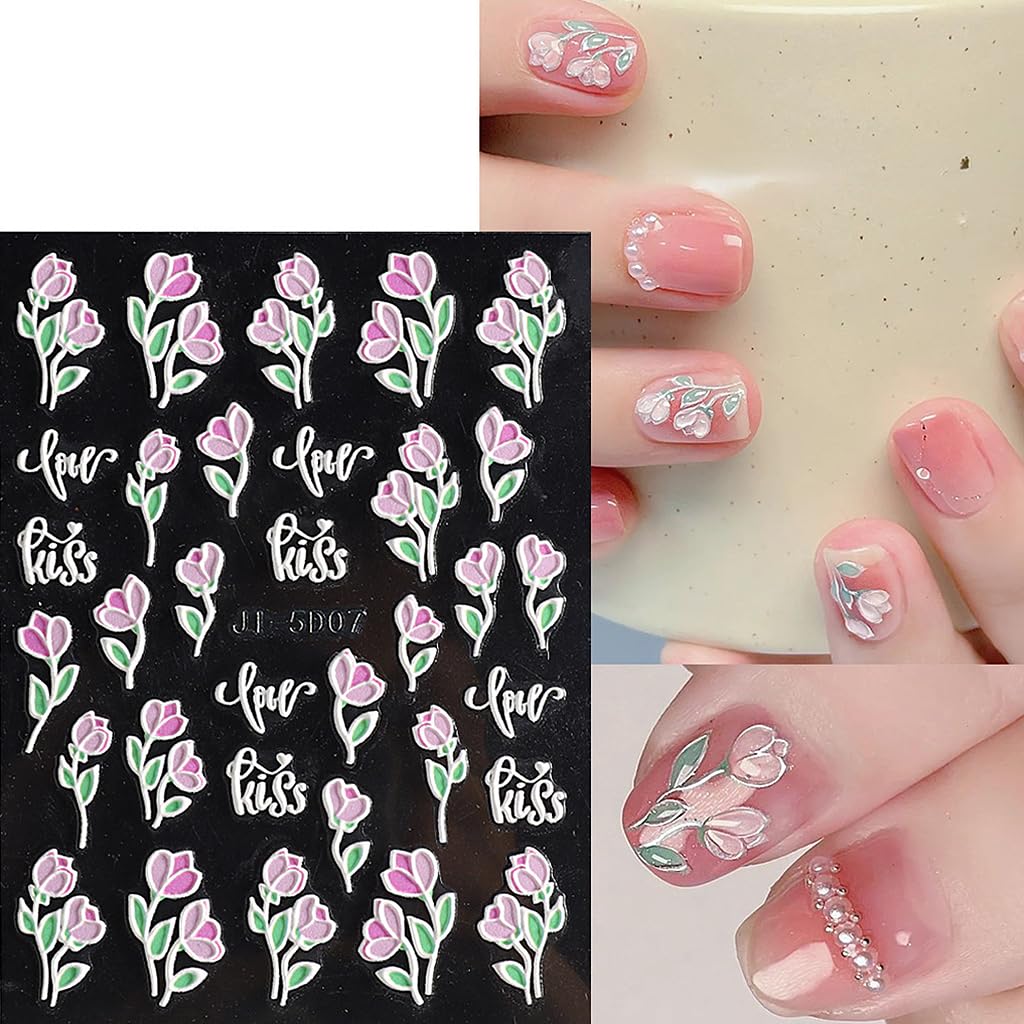 MAYCREATE 5 Sheets Nail Art Decor Stickers 3D Embossed Flower Charms for Nail Art 5 Styles Flower Nail Charm Sticker for DIY Nail Extension Self-Adhesive Nail Art Decals