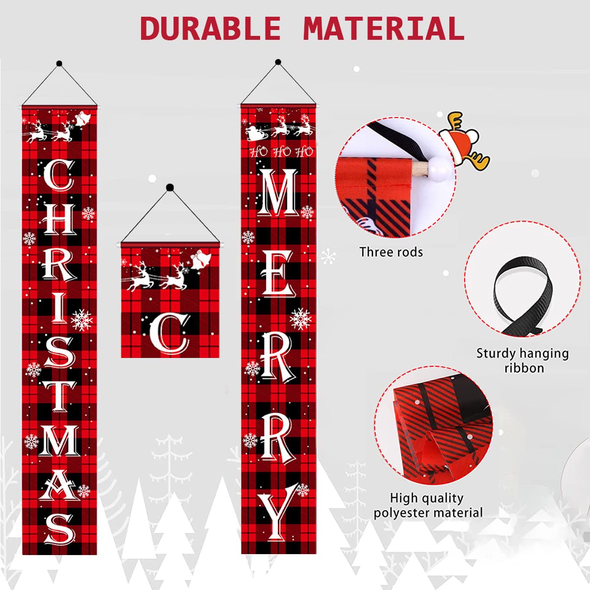 HASTHIP Christmas Decorations Outdoor Yard Front Porch Sign Set, Red Black Buffalo Plaid Door Banner, Hanging Merry Christmas Decorations for Home Indoor Outdoor Xmas Decor Wall Front Door Yard