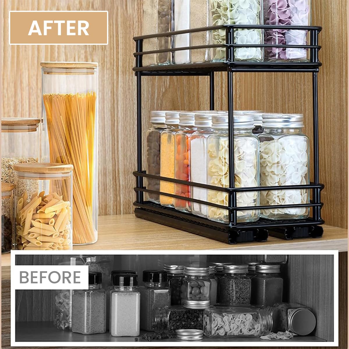 HASTHIP Kitchen Organizer Double Layer Seasoning Bottle Organizer Rack Pull Out Cabinet Organizer Rack Space Saving Seasoning Jar Organizer Holder for Countertop, Cabinet, Shelf, 26x15x21.8cm