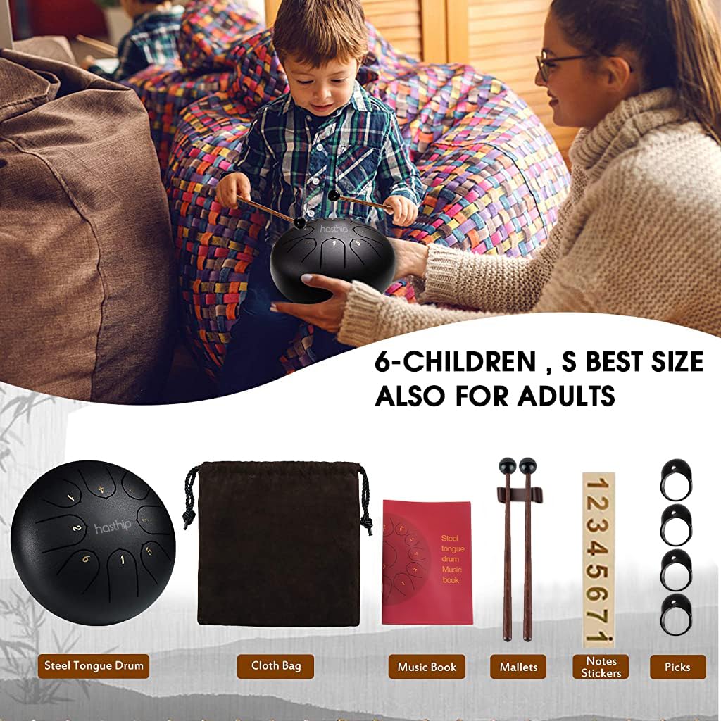 HASTHIP Steel Tongue Drum 8 Note, 6 inch Percussion Instrument Handpan Drum with Bag, Music Book and Mallets for Kids and Adults Meditation Musical Education Concert Mind Healing Yoga (Black)