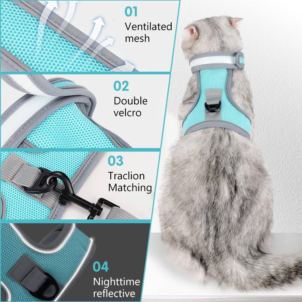 Qpets Cat Vest Harness & Nylon Webbing Leash Set Outdoor Anti-Escape Pet Harness Walking Harness Safety Reflective Strip Cat Harness Breathable All Season Use Cat Vest Harness, Size S