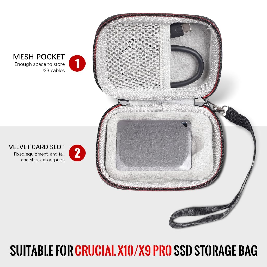 ZORBES Hard Carrying Case Compatible with Crucial X9 Pro / X10 Pro 1TB/2TB/4TB Portable SSD, USB 3.2 External Solid State Drive & USB Cable Organizer(Case Only)