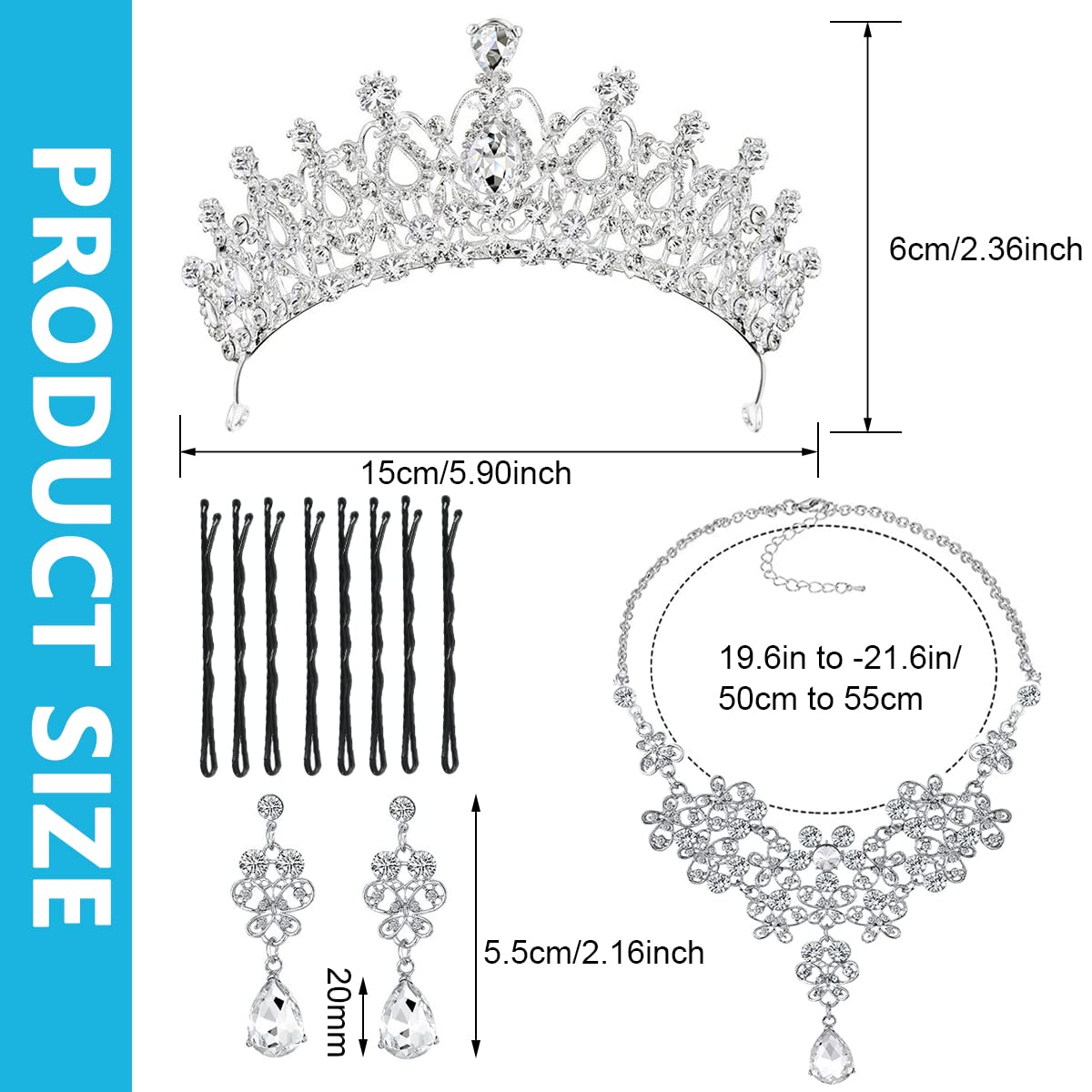 SANNIDHI Set of 3 Bridal Jewelry Set Crystal Necklace Earrings Crystal Crown Hair Accessory Bridal Jewelry Set for Bridal Wedding Prom Birthday Party Gift Jewelry for Women Girls