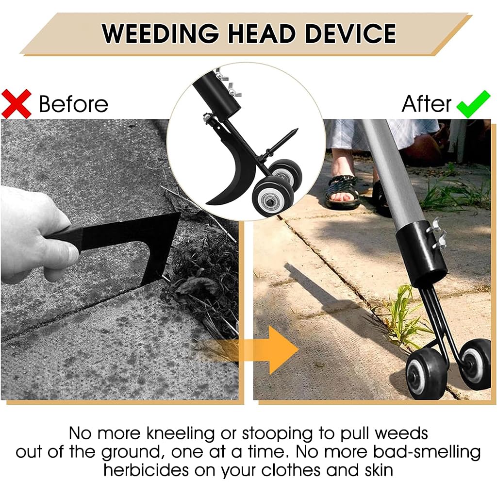 HASTHIP 2 in 1 Pull Weeder for Driveway Patio Sidewalk, Crack and Crevice, Wheeled Carbon Steel Weeder Head, Stand Up Weeder Hand Tool Without Handle