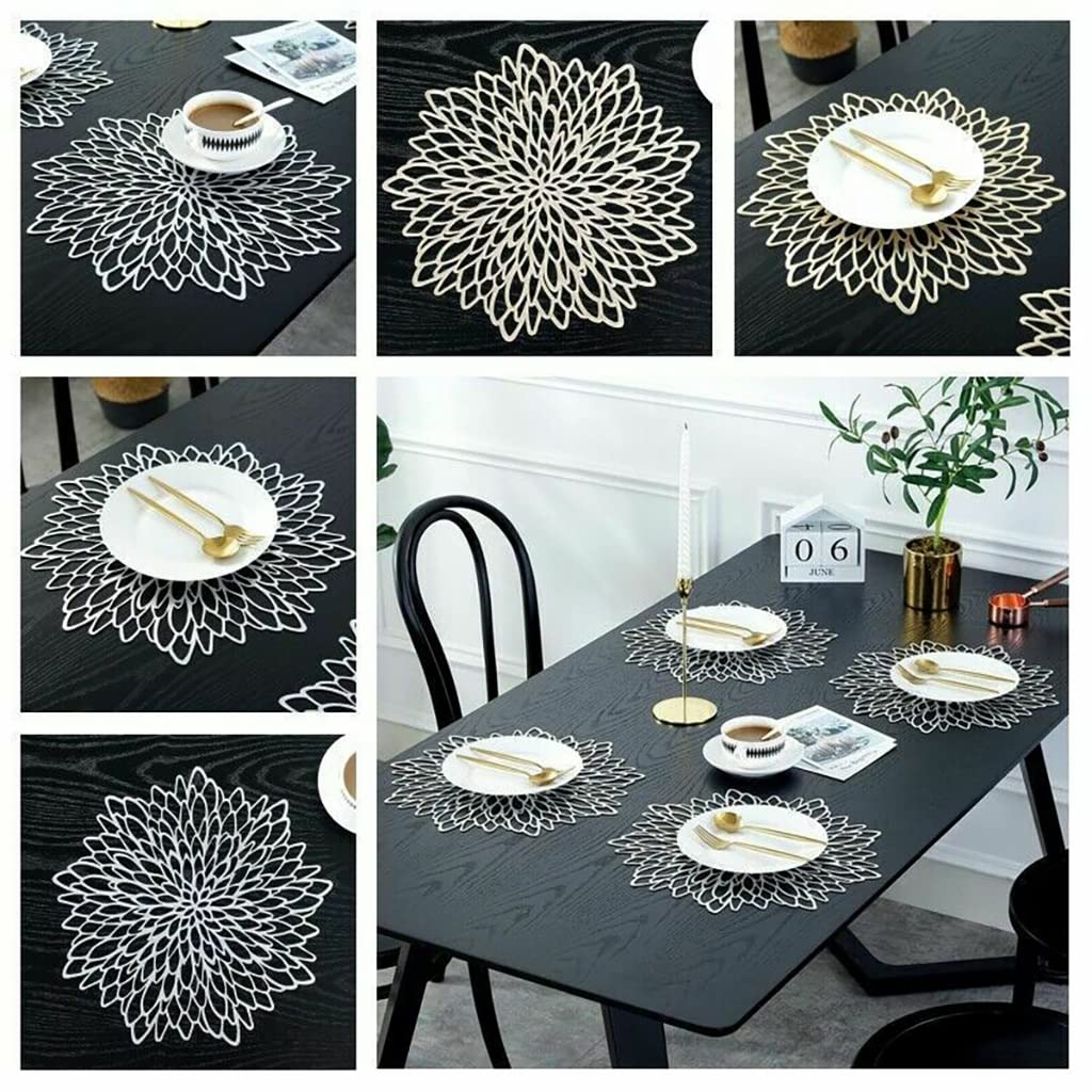 HASTHIP PVC Table Mat, Placemats Sets of 2, 15'' Round Leaf Place Mats, Cutwork Design Dining Table Mats, Washable Heat Resistant Vinyl Table Mats for Morden Kitchen Dining Table Wedding (Silver)
