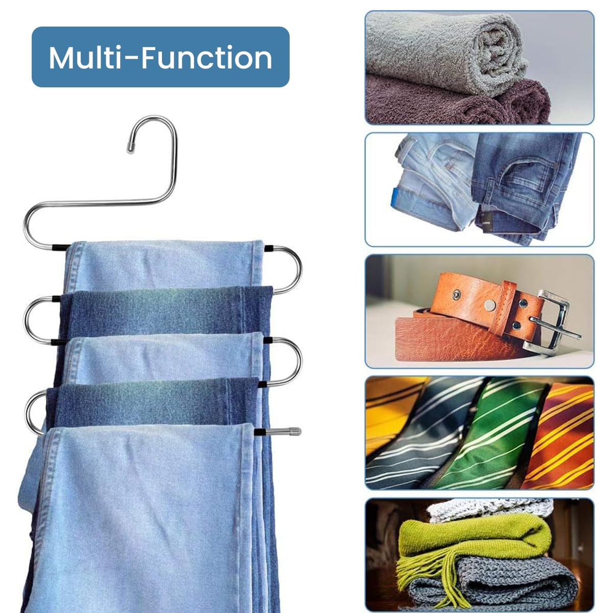 HASTHIP 2 Pcs Stainless Steel Wardrobe Hanger, S-Shape Non-Slip Multi Trousers Tie Scarf Hanger, Space Saving, Durable Clothes Hanger with Anti-Slip PVC Sleeves - Holds Upto 6 Garments