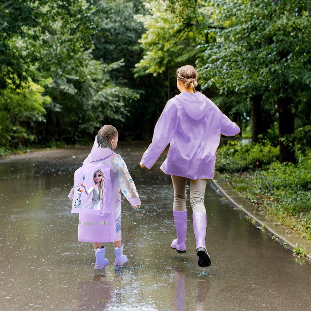 PALAY Raincoat for Girls Cartoon Purple Princess Elsa Print EVA Raincoat Wide Brim Hood Rain Jacket with Backpack Rain Cover Knee Length Long Raincoat for School Girls 9-11 Years Old, Size XXL