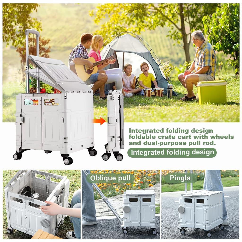 HASTHIP Folding Trolley Portable Grocery Cart Home Utlity Cart Moving Storage Box 36.61 inches Adjustable Metal Pull Handle Outdoor Rugged Trolley for Camping, Shopping, 43.5x44x43.5 inches