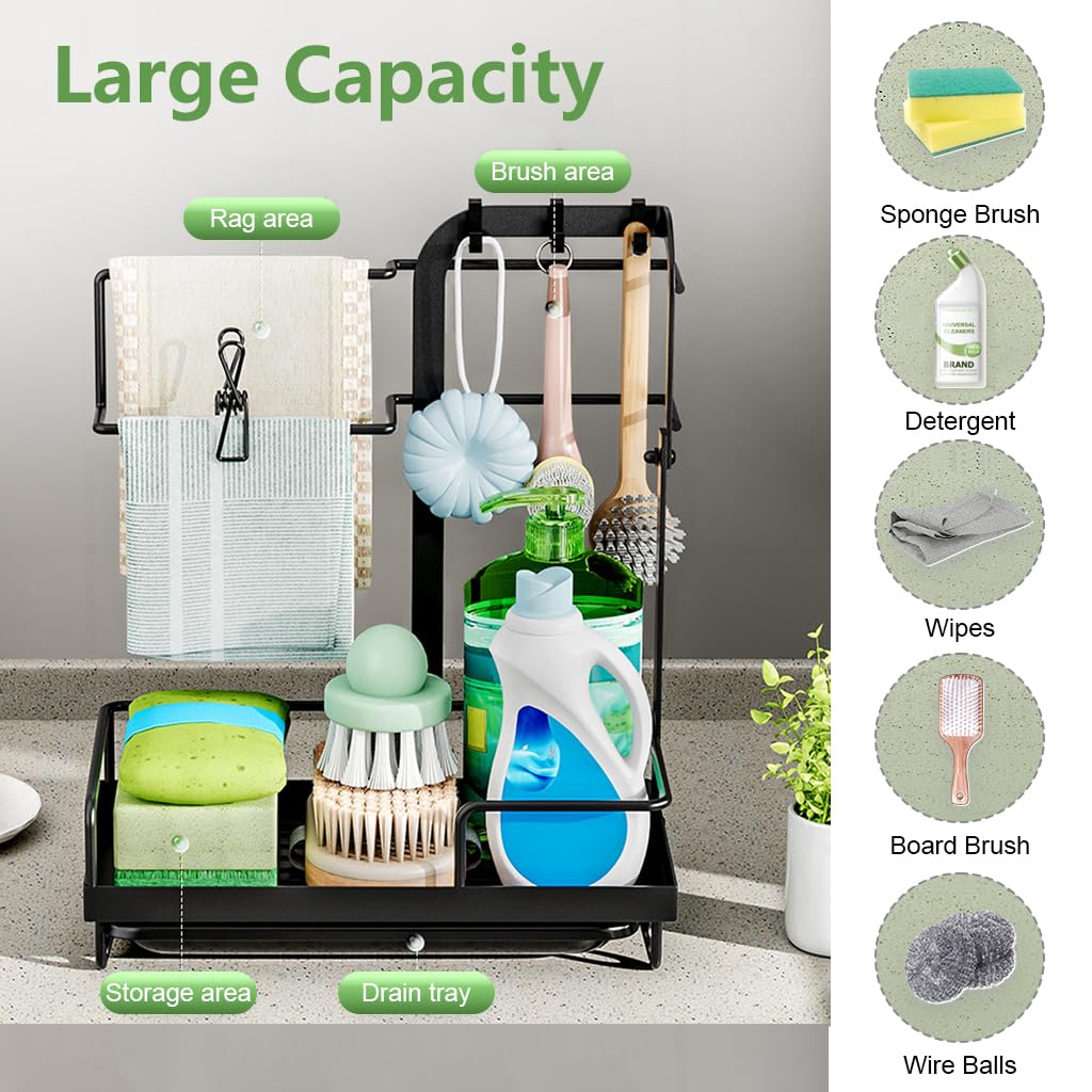 HASTHIP Kitchen Sink Organizer with Drainage System & Water Catch Tray, Sink Caddy Kitchen Sink Organizer, Large Sponge Holder for Kitchen Countertop with Hooks for Dish Brush Gloves, Black
