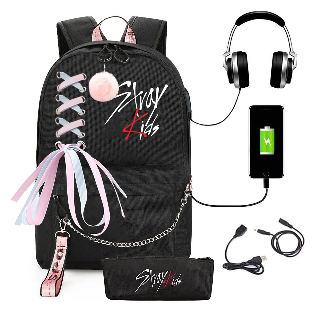 PALAY K-pop Stray Kids Letter Prints 15'' School Backpack with Cloth Pencil Case Travel Backpack for Girls Black Large Backpack for School, Travel Bag Stray Kids Merchandise School Backpack for Girls