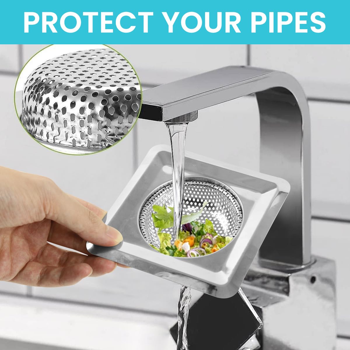 HASTHIP 2Pcs Square Stainless Steel Kitchen Strainer, Drain Filter, Wide Rim Anti Clogging Mesh Drain Filter Vegetable Hair Catcher Drain Cover, 4.3 inches Diameter (Silver)