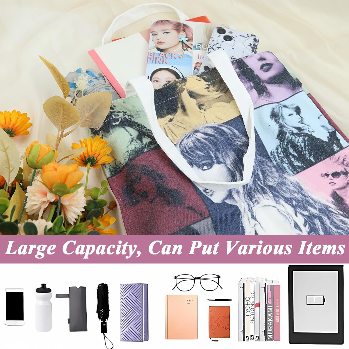 PALAY Girls Tote Bag Taylor Swift Print Canvas Bag Cartoon Picture Print Shopping Bag Zipper Bag Book Bag Taylor Swift Fans Merchandises