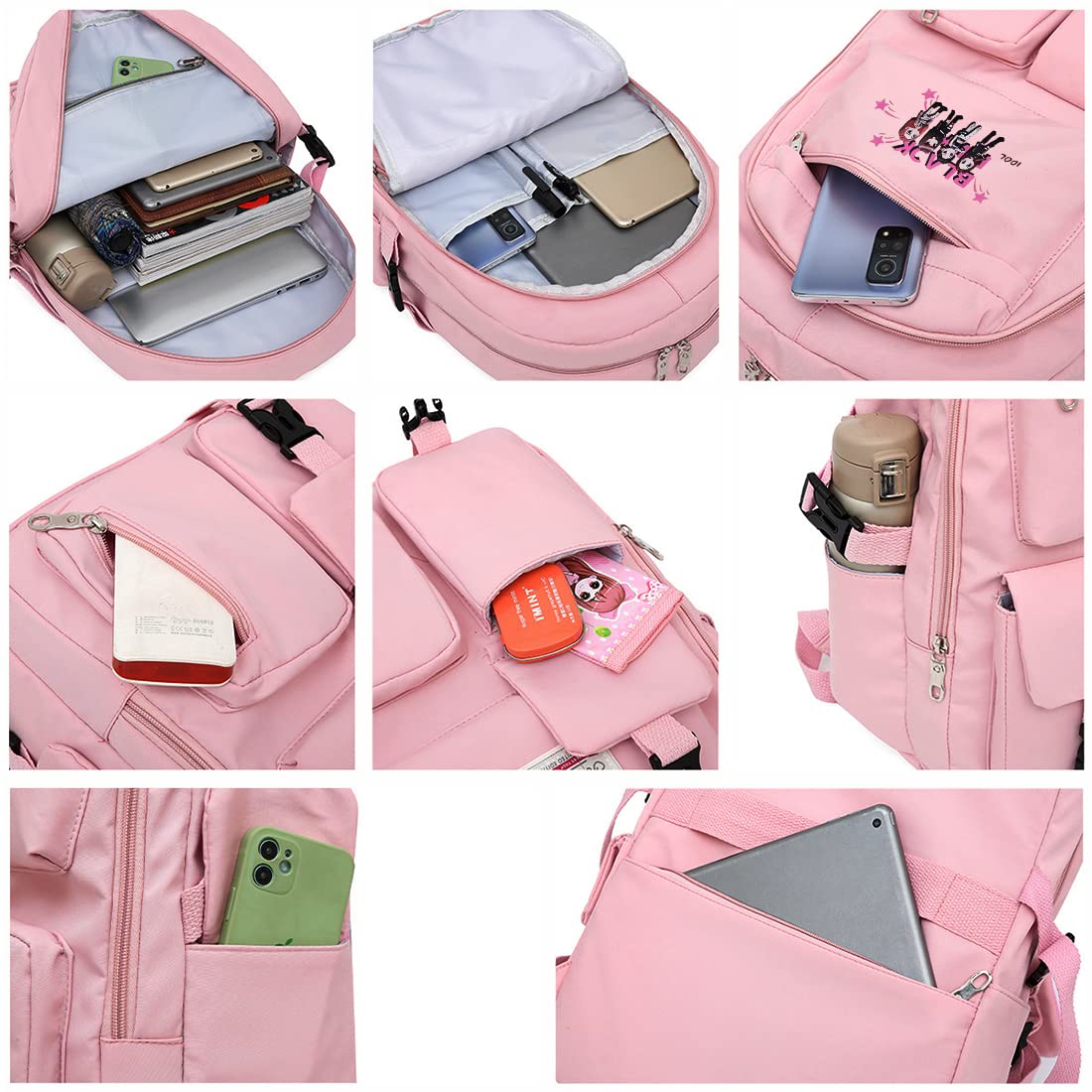 PALAY Blackpink Backpack for Girls School Bags Blackpink Kpop Theme Prints with USB Charging and Headset Port Backpack for Student College School Bag for Boys