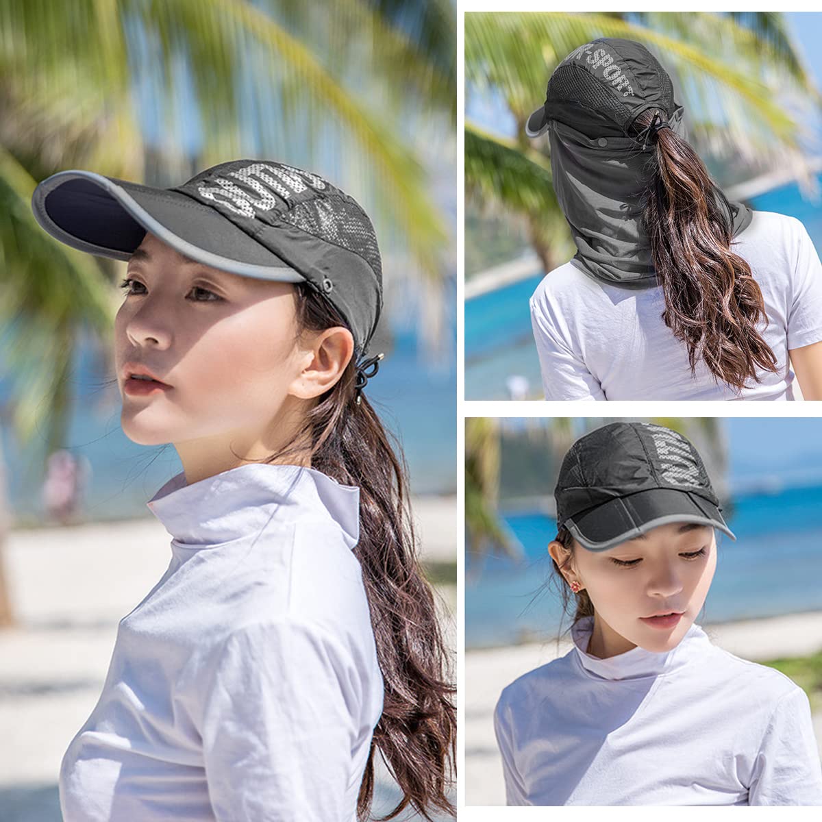 PALAY Sun Hats for Women with Face & Neck Flap, Foldable Fishing Hat Caps for Women Detachable Face Mask Cover Set, Fashion Breathable UV Protection Hat for Cycling Camping Hiking (Grey, UPF 50+)