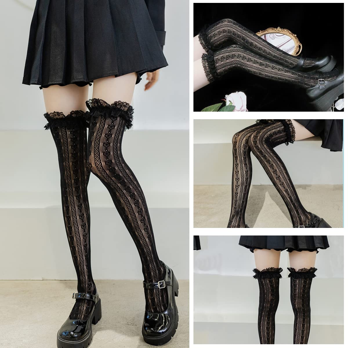 PALAY Lace Knee Length Socks for Women Girls, Lolita Fishnet Thigh High Stockings Heart Striped Ruffled Over Knee High Socks, Fashion Sweet Hollow Out Long Socks (Black, 1 Pair)