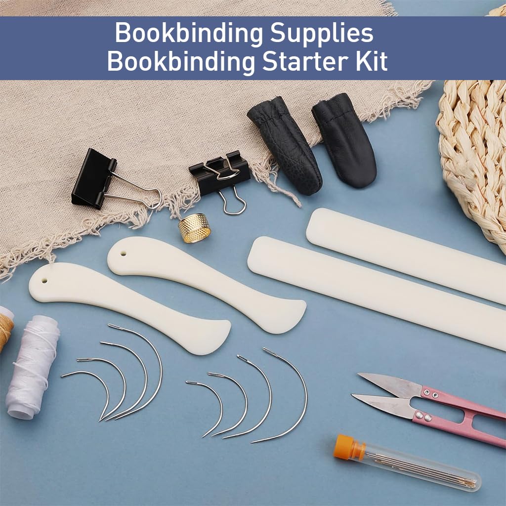 HASTHIP 33 Pcs Bookbinding Kit with Stitching Needles, Paper Creaser Tool, Waxed Thread, Awl, DIY Leather Craft Tools for Stitching, Burnishing, DIY Bookbinding