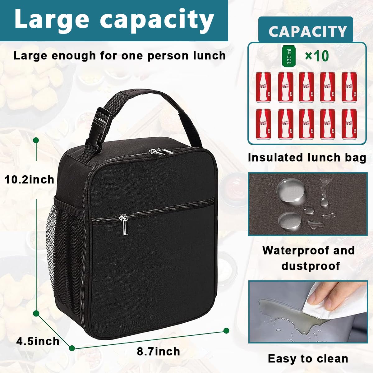 HASTHIP Lunch Box Insulated Soft Bag, Food Safe Durable Lunchbox for Men Women Adults, Small Lunchbox for Work Picnic, Reusable Lunch Bag Portable Lunch Tote, Black