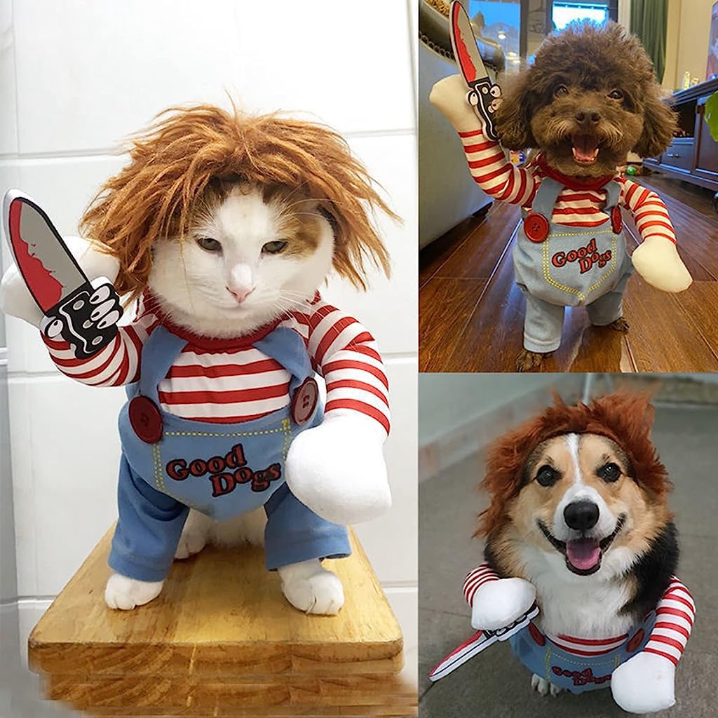 Qpets Dog Clothes Hairpiece Costume Set, Funny Dog Clothes Deadly Doll Cosplay Costume for Halloween Party Funny Costume Dog Clothes Party Costume for Small Medium Dogs (Medium Size)