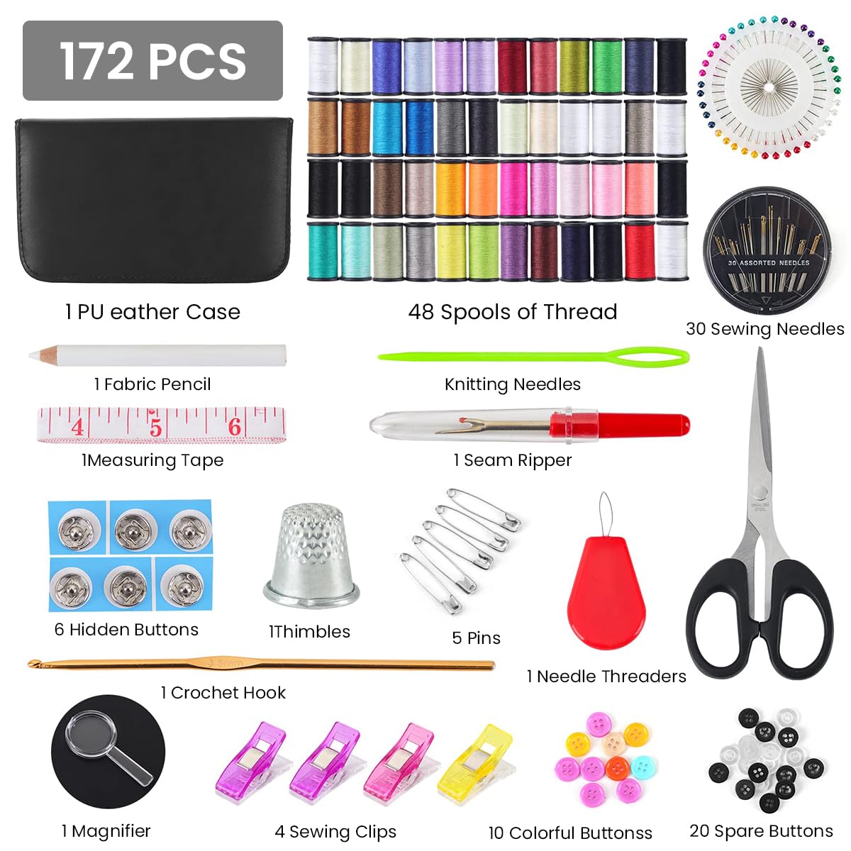 ELEPHANTBOAT 172Pcs Sewing Kit Stitching Needle Tool Sewing Bag Multi Color Threads Sewing Kit DIY Home Sewing Kit Travel Sewing Kit Sewing Needle Kit with Scissors, Thimble, Threader, Tape Measure