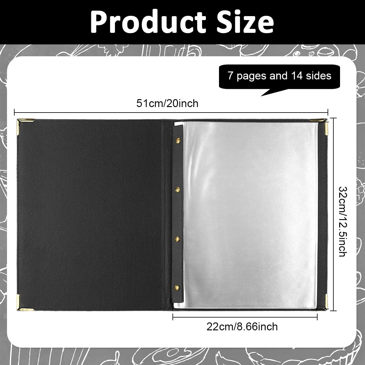 Serplex Menu Cover High Class Leather Hard Cover Menu Cover with Golden Corner Protectors A4 Size 7-Sheet Double Side Transparent PVC Menu Cover Oil-proof Menu Cover, 12.6x9.8 inches