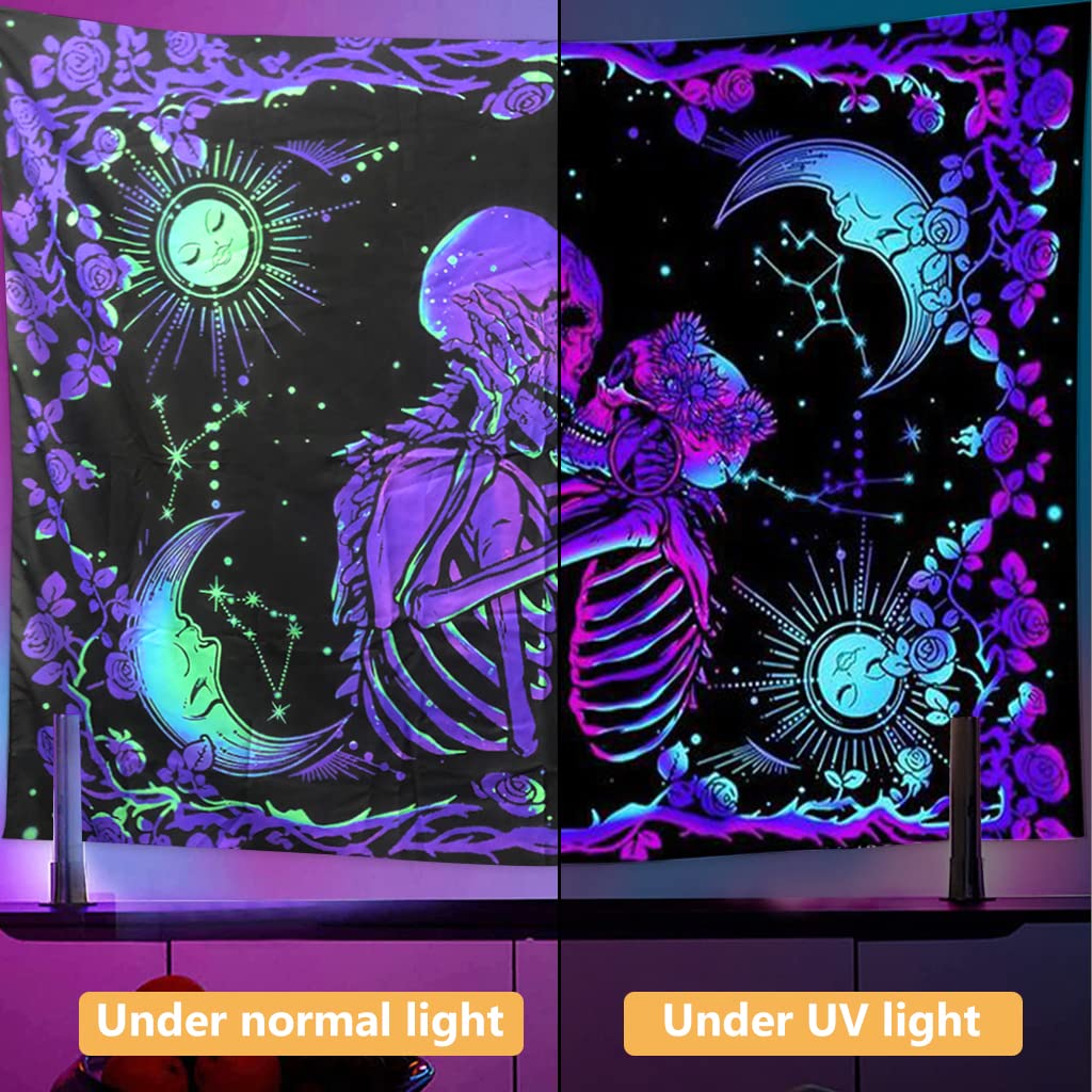 HASTHIP UV Luminous Skull Tapestry, UV Reactive Tapestry Glow in The Dark, The Kissing Lovers Tapestry, Skeleton Wall Art for Bedroom Living Room for Room Dorm (51inch x 59inch)