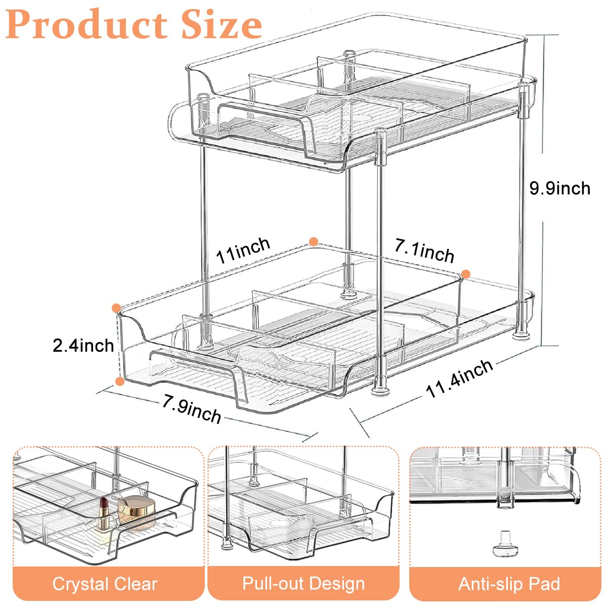 HASTHIP 2 Tier Desk Storage Organizer, Clear PET Organizers Pull Out Sliding Desk Organizers Makeups Organizers Double Layer Desk Organizers for Office, Kitchen, Bathroom, Dressing Table