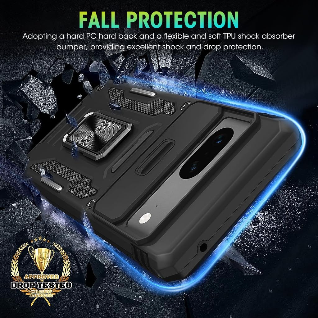 ZORBES Phone Case for Google Pixel 7 with Slide Camera & Flexible Ring, Phone Cover for Google Pixel 7, Military Grade Heavy Duty Shockproof Protective Case Black