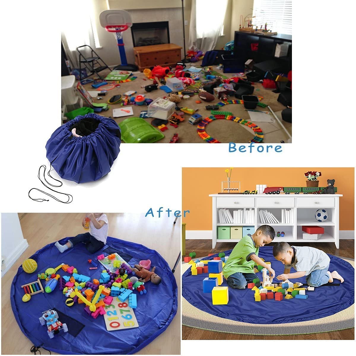 PATPAT Toy Quick Storage Bag 2 in1 Play Mat,Foldable Toy Bag Mat for Kids Storage, Quickly Clean Up Kid Toys for Indoor or Outdoor, Toys Organizer Storage Drawstring Bag Play Mat 150cm(Without Toys)
