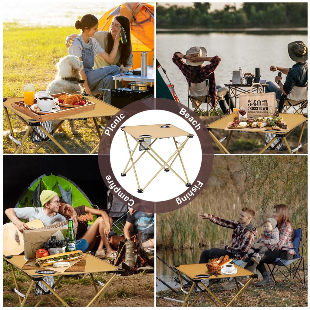 Proberos Folding Camping Table Bench Table Waterproof Oxford Cloth Table with Built in 2 Cup Holders Lighweight Portable Table 18.8'' Folding Table for Camping, Beach, Balcony, Picnic
