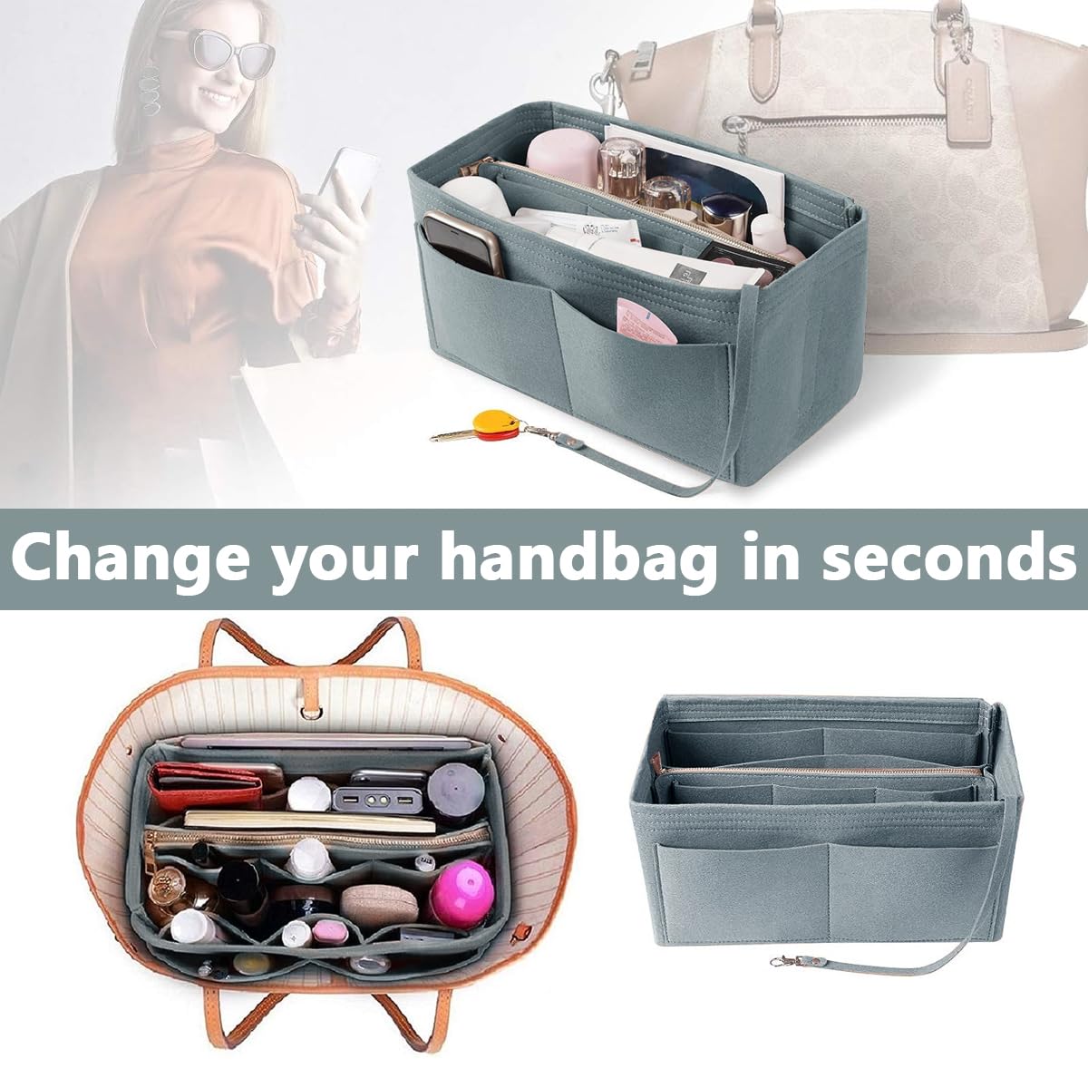MAYCREATE Women Felt Purse Organizer Insert for Handbag, Felt Bag organizer with zipper for Handbag Tote Bag Storage Purse Divider, Grey