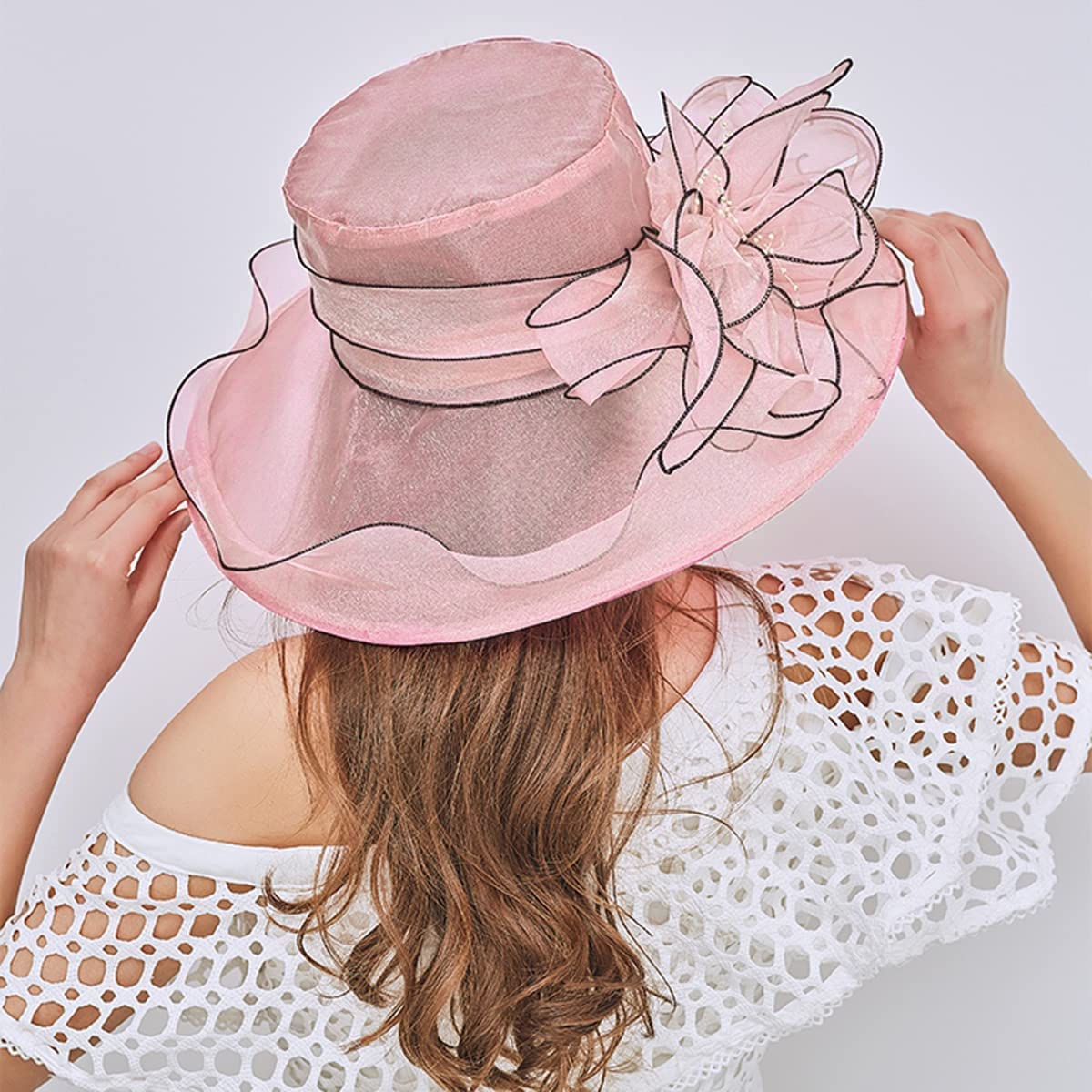 PALAY Fascinator Hat for Women Organza Ladies Cocktail Tea Party Top Hat Elegant Church Wedding Bridal Flower Hat for Events, Banquet, Travel Wide Brim Sun Hat (Pink)