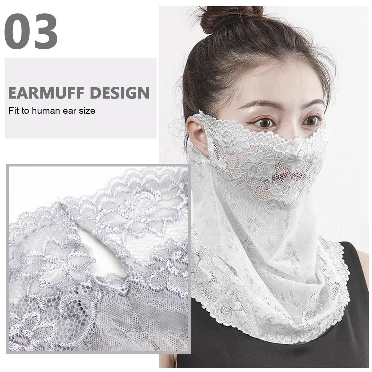 PALAY Lace Face Mask Face Cover for Women Sun Protection, Stylish Breathable UV Protection Embroidery Veil Face & Neck Covering for Girls - Hanging Ear Design