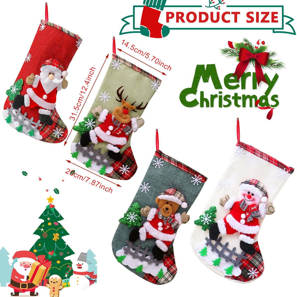 HASTHIP Set of 4 Christmas Decorations Stocking, 10 inch Linen Christmas Gift Stocking, Hanging Christmas Stockings Set Christmas Stocking Christmas Stocking for Window, Christmas Socks