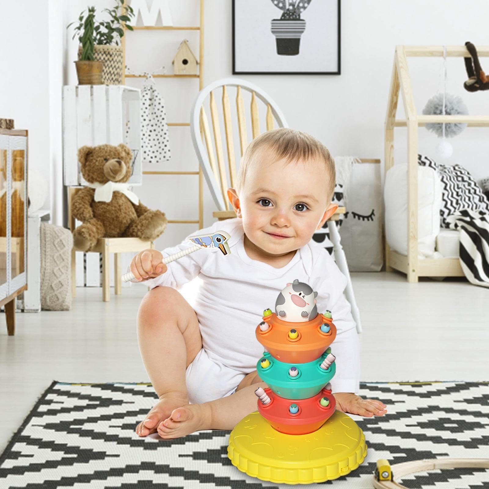 PATPAT Stacking Toy Magnetic Toys for Kids Fine Motor Skill Toys for Kids Electric Rotatable Toddler Woodpecker Catch and Feed Game, Bird Caterpillars Toy Set Montessori Toys for 3 Year Old Boy