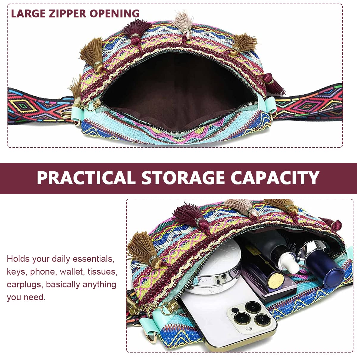 PALAY Chest Bag for Women Adjustable Waist Bag for Women Exotic Boho Crossbody Shoulder Bag Tassel Design Chest Bag for Women Travel Bag