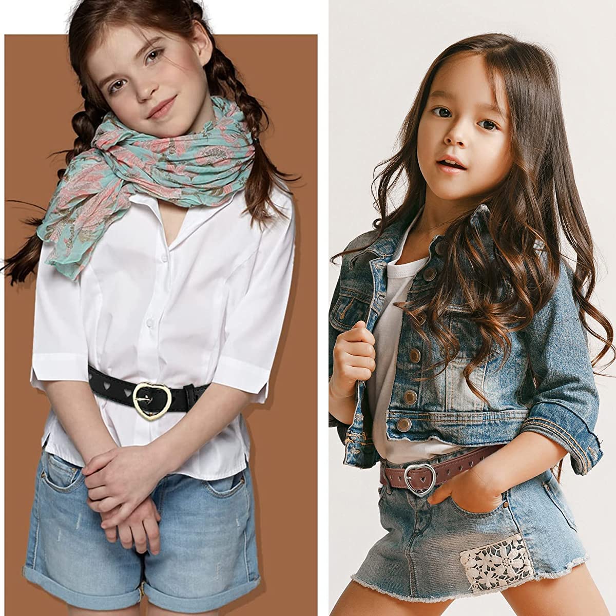 PALAY Kids Belt for Girls 6-12, 2Pcs Fashion Girls Belt PU Leather Hollow Heart Metal Buckle Belt for Girl Jeans Dress Pants Gift (Black & Brown, Suit for Waist 26-30