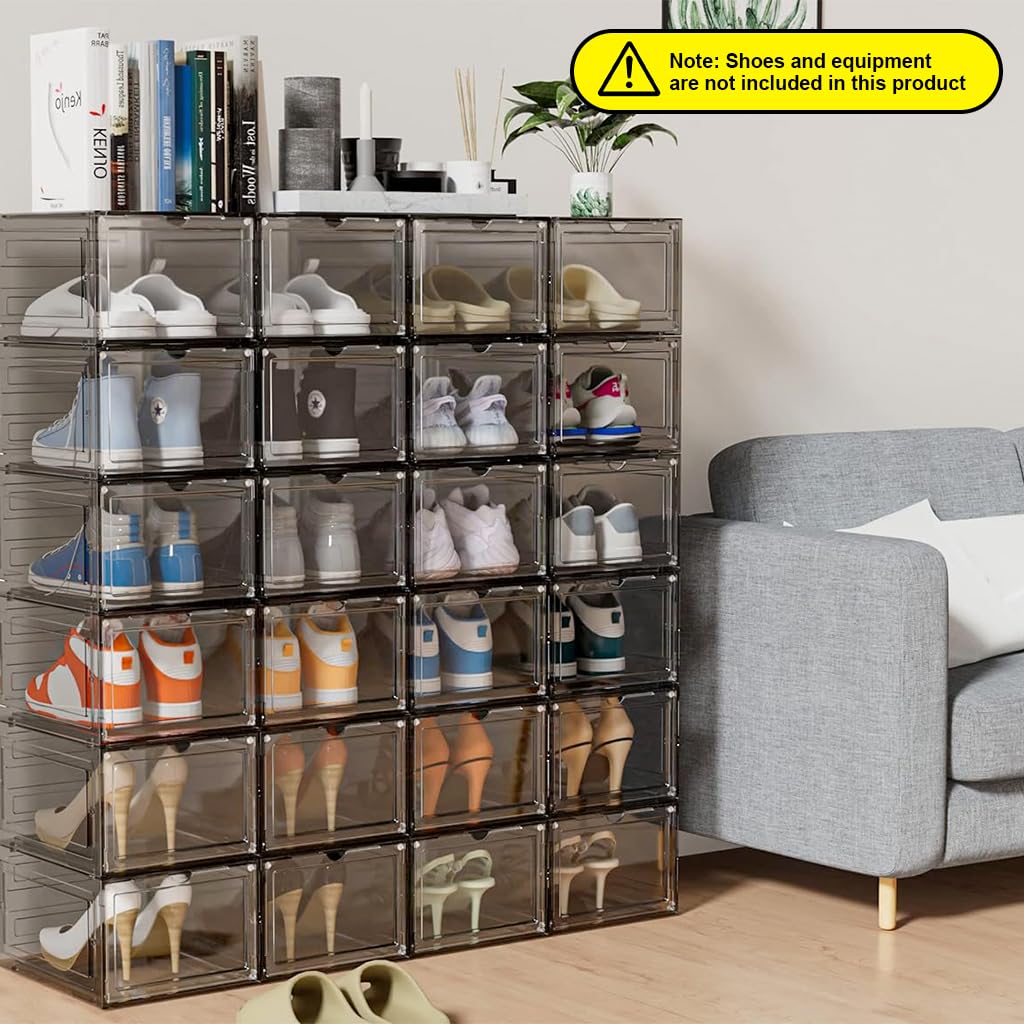 HANNEA 4 Packs Shoe Box Plastic Shoe Storage Separate Shoe Box with Magnet Door Stackable Shoe Organizer Universal Size Sneaker Shoe Box for Men Shoes Box for Women, 27x34x19cm
